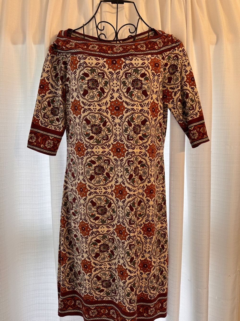 Max Studio Cream Midi Dress with Rust and Olive Medallion Print